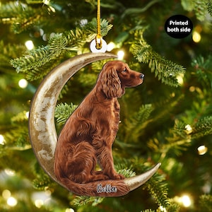 May include: A Christmas ornament featuring a brown dog sitting on a gold crescent moon. The ornament has a gold string for hanging and the text "Bella" is written on the moon. The text "Printed both side" is also visible.