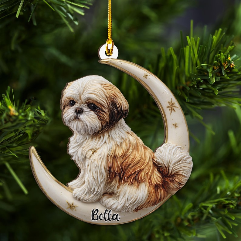 Personalized Shih Tzu on Moon Ash Plywood Ornament Flat 2D Cutout ...