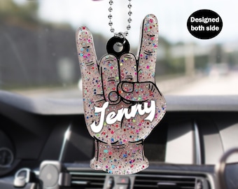 Custom Rock Sign Car Rearview Mirror Hanging Ornament, Car Hanging Ornament,Rock Sign Car Rear View Mirror Gift, Car Charms, Mama Car Charms