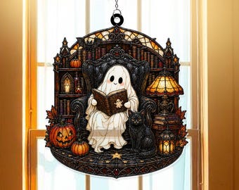 Cozy Halloween Reading Ghost Acrylic Suncatcher Window Hanger, Cute Spooky Decor, Bookish Autumn Artwork, Reader Gift Idea