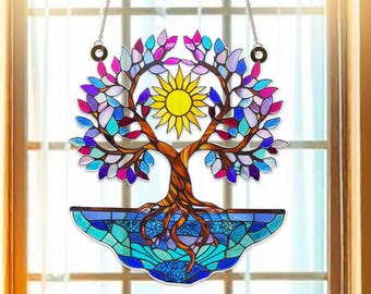 Ornamento da finestra acchiappasole con albero della vita / Decorazione spirituale in acrilico da appendere / Simbolo sacro in vetro / Regalo boho con albero per gli amanti della natura