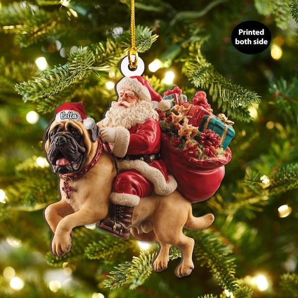 Personalisierter Weihnachtsbaumschmuck aus Holz: Englischer Mastiff und Weihnachtsmann, flache 2D-Weihnachtsbaumdekoration, Geschenk für Hundeliebhaber, Familien-Erinnerungsstück für Haustiere