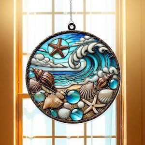 貝殻とヒトデのサンキャッチャー | 海岸沿いのビーチの窓に掛ける | 海の海洋装飾 | ビーチ好きへのギフト | トロピカルガラスのサンキャッチャー
