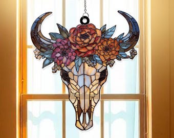 Boho Floral Longhorn Skull Acrylic Suncatcher Window Hanging – Southwestern Decor | Colorful Bohemian Skull Art | Rustic Farmhouse Ornament