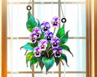 Violet Stiefmütterchen Acryl Blumen Suncatcher Fenster hängend | Lila Blumen Fensterschmuck | Garteninspiriertes Frühlingsdekor Geschenk für Blumenliebhaber
