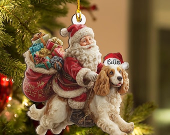 Personalized Cocker Spaniel dog and Santa Christmas Wood Ornament, Flat 2D Holiday Tree Decor Gift for Dog Lovers, Families Pet Keepsakef