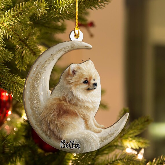 Personalized Pomeranian Dog on Moon Ash Plywood Ornament Flat 2D