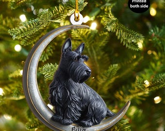 Personalized Scottish Terrier Dog on Moon Ash Plywood Ornament Flat 2D Holiday Tree Decor Gift Pet Lovers Families Puppy Keepsake