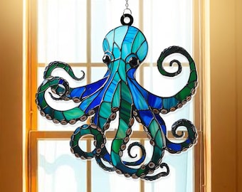 Ornamento da appendere alla finestra a forma di polpo blu, ornamento da appendere alla finestra a forma di polpo blu, regalo a forma di polpo blu in acrilico, fantastiche finestre a forma di polpo blu, a forma di polpo blu