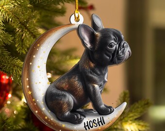 Personalized Black French Bulldog on Moon Christmas Wood Ornament