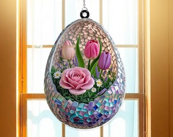 Atrapasol acrílico con forma de huevo floral para colgar en la ventana, decoración de Pascua para la primavera, adorno de huevo de flor, idea única para regalar.