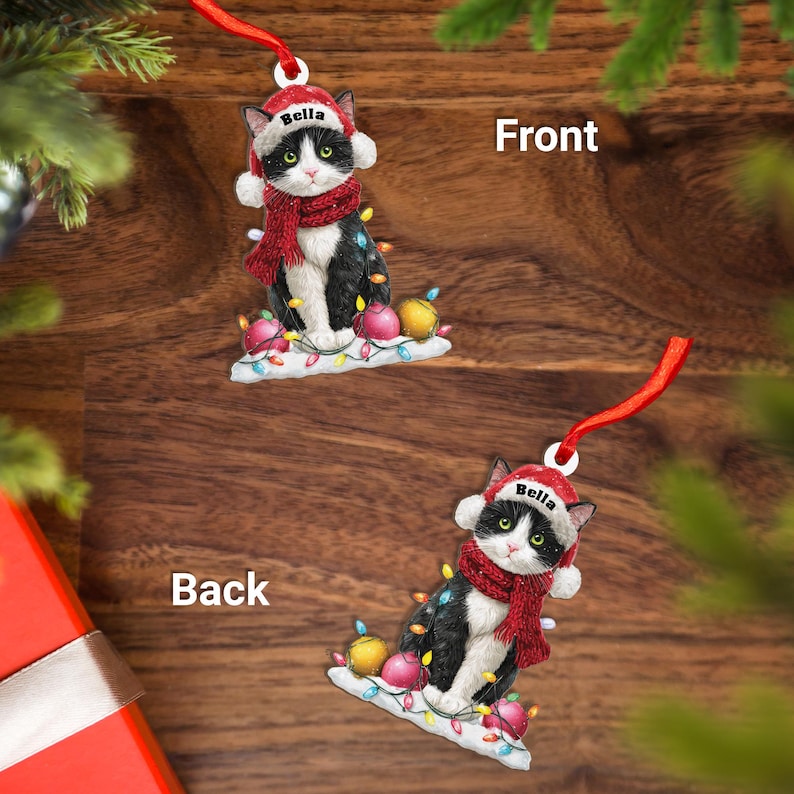Tuxedo Cat Christmas Ornament – 2D Flat Wood Holiday Tree Décor for Cat ...