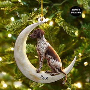Puede incluir: Adorno navideño decorativo con un perro Pointer Alemán sentado en una luna creciente. El perro es marrón y blanco, y la luna es de color crema. El adorno tiene el nombre "Coco" impreso.