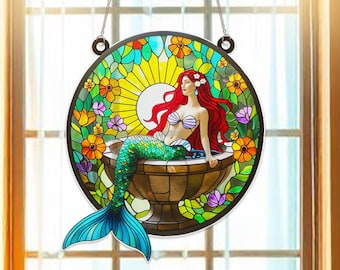 人魚のステンドグラスサンキャッチャー、海のテーマのアート、海岸風の
