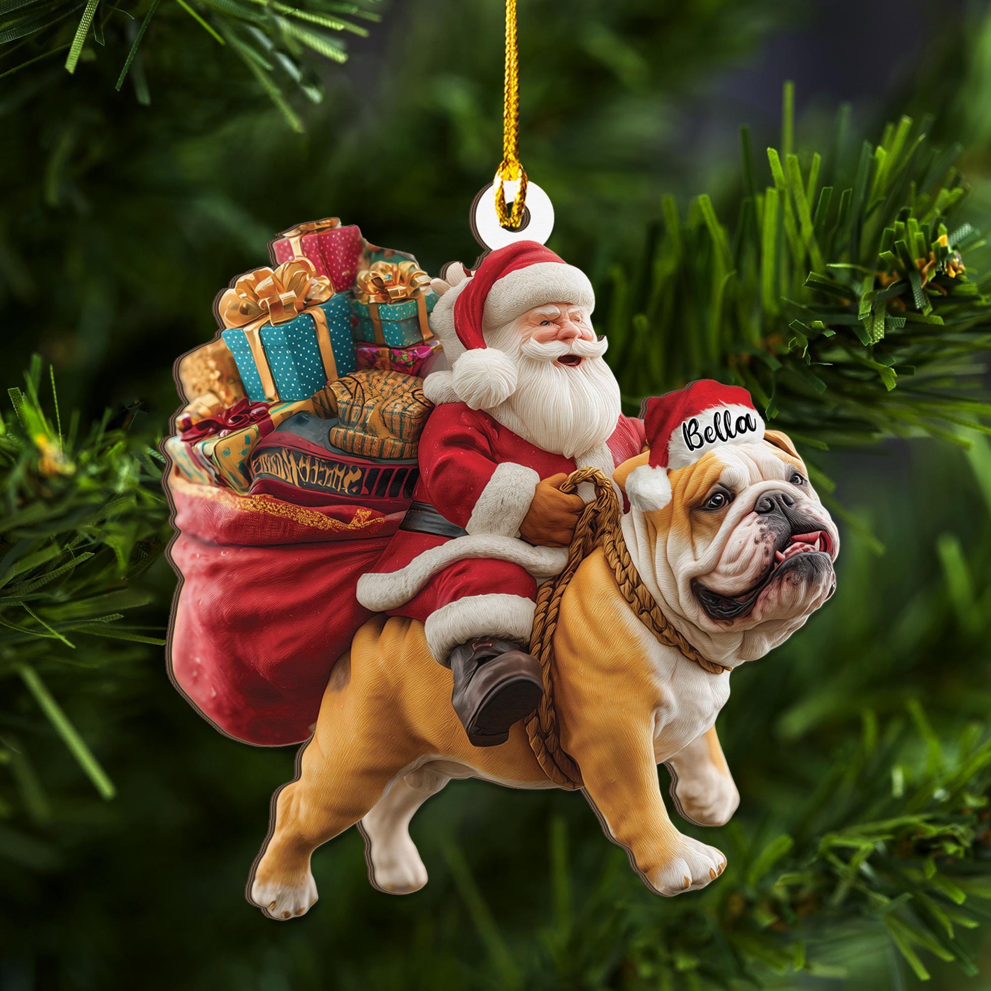 Personalized English Bulldog Dog and Santa Christmas Wood Ornament