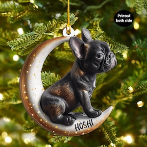 Könnte beinhalten: Ein schwarzer und brauner Französische Bulldogge-Ornament sitzt auf einem Halbmond mit goldenen Sternen. Das Ornament trägt den Namen "HOSHI" auf dem Mond. Text auf dem Ornament lautet "Beidseitig bedruckt".