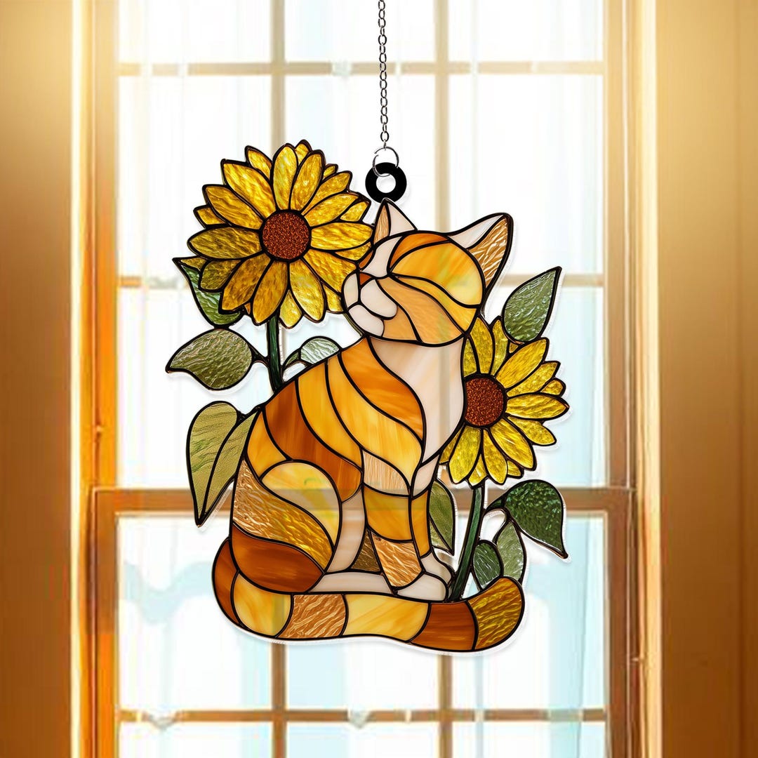 Sunflower Tabby Cat Acrylic Suncatcher Window Hanging, Cute Cat Lover ...