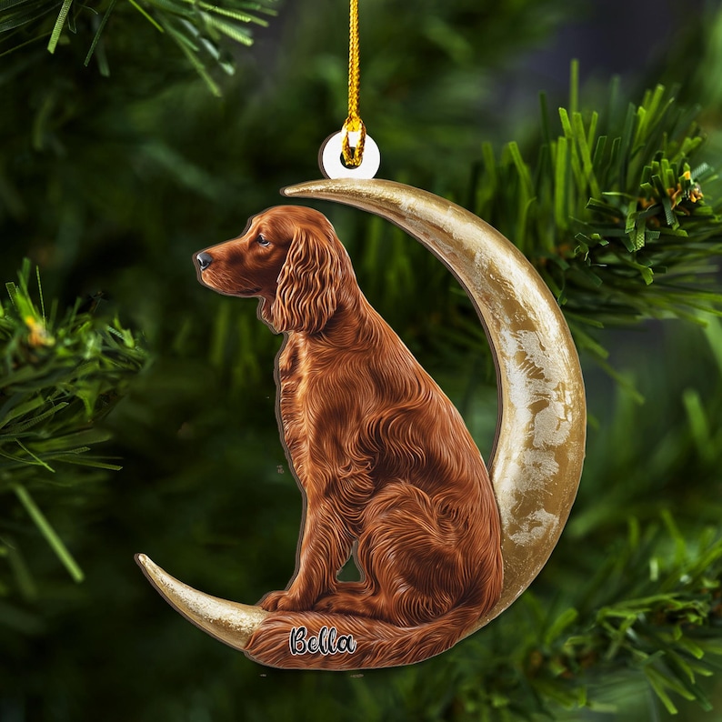 May include: A Christmas tree ornament featuring a brown dog sitting on a gold crescent moon. The dog has long, flowing fur and is facing left. The name "Bella" is written on the moon. The ornament hangs from a gold string.