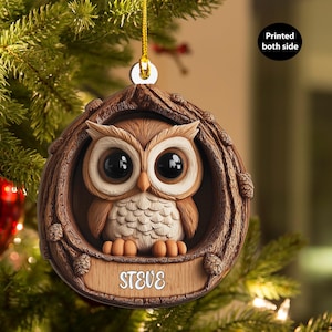 Personlig Uggla Julgransprydnad i Askplywood Platt 2D Julgransdekoration Gåva Fågelälskare, Familjer, Naturfantaster, Vinterminnessak