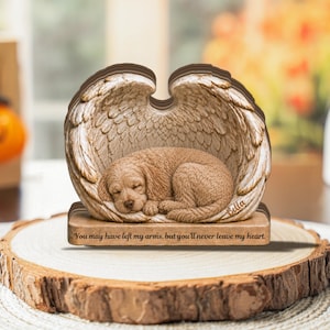 Può includere: Una statuetta di cucciolo color marrone chiaro che dorme all'interno di un paio di grandi ali d'angelo dettagliate. La base presenta il testo inciso "You may have left my arms, but you'll never leave my heart." e il nome "Bella" sull'ala.