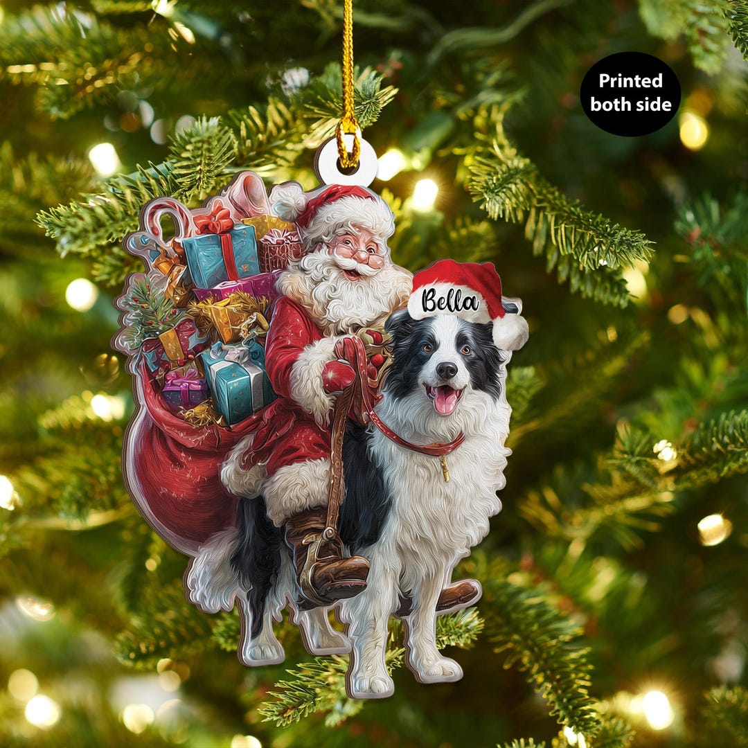 Personalized Border Collie and Santa Christmas Wood Ornament, Flat 2D ...