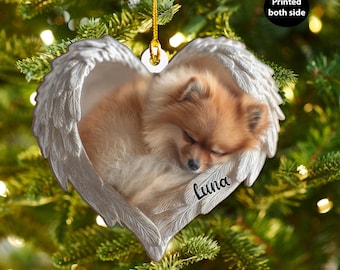 Personalized Pomeranian Dog Angel Ash Plywood Ornament Flat 2D Cutout Holiday Tree Decor Gift for Dog Lovers, Pet Memorial Families Keepsake