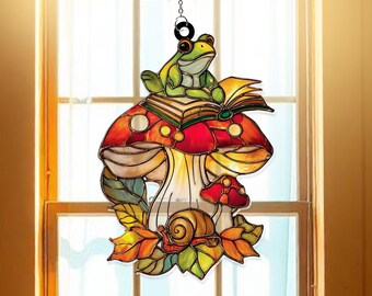 Frog and Toadstool Acrylic Suncatcher – Whimsical Window Hanging Decor | Cute Garden Animal Gift | Unique Frog and Mushroom Decoration