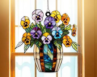 Pansy Flowers Acrylic Window Suncatcher Hanging Ornament, Suncatcher Ornament Gift, Suncather For Window, Custom Shape Suncatcher
