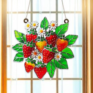 Strawberry Acrylic Suncatcher Window Hanging | Cute Strawberry Fruit Window Decor | Vibrant Garden-Inspired Home Decoration Gift for Summer
