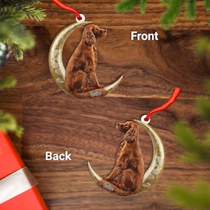 May include: A brown dog ornament with a red ribbon for hanging. The dog is sitting on a gold crescent moon. The word "Bella" is written on the moon. The ornament is a Christmas decoration.