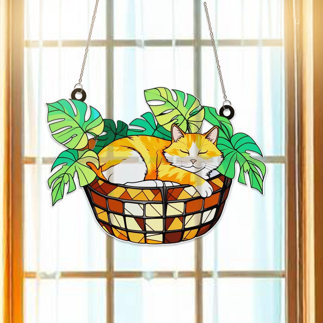 Orange Cat in Monstera Acrylic Window Hanging Ornament, Suncatcher ...