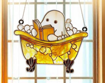 Cute Ghost Reading Book Acrylic Suncatcher – Spooky Halloween Window Hanging | Funny Book Lover Decor | Unique Gift for Ghost & Reading Fans