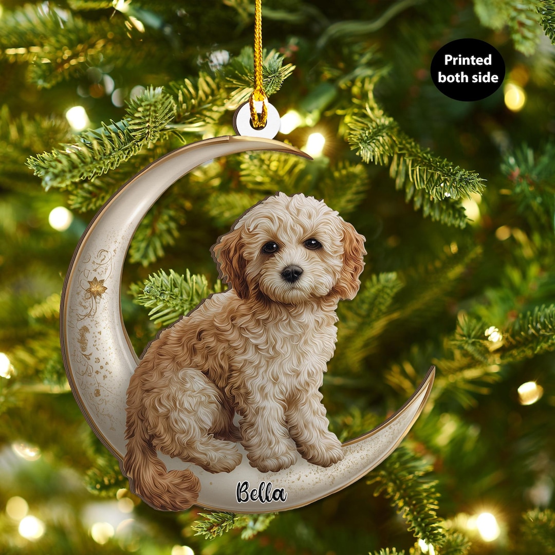 Personalized Cockapoo Dog on Moon Ash Plywood Ornament Flat 2D Holiday ...