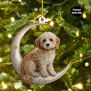Puede incluir: Adorno navideño con un cachorro marrón claro y crema sentado en una luna creciente. La luna es de color beige claro con un diseño de estrella. El nombre del cachorro, "Bella", está escrito en la luna. El adorno cuelga de una cuerda dorada.