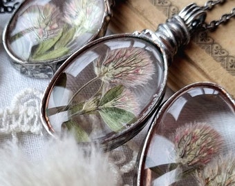 Hare’s-foot Clover necklaces. Pressed dried plants, Terrarium necklace. Swedish jewelry.