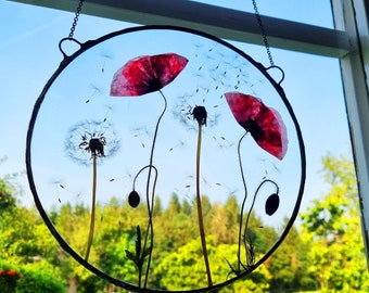 Dandelion and Poppy wall hanging, Glass and flower decorative terrarium decor. Swedish handcraft.