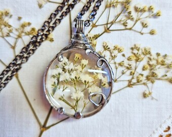 Baby's breath, pressed flower, terrarium necklace. Swedish jewelry.