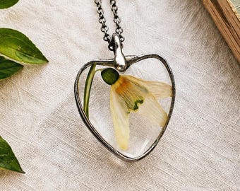 Pressed Snowdrop Flower Necklace: Swedish Heart Terrarium Pendant