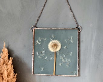 Dandelion wall hanging, square, Terrarium decor. Swedish handcraft.