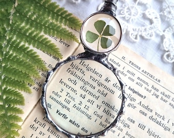 Magnifying Loupe Necklace, Magnifier Glass Pendant with four leaf clover, Mother's Day jewelry.