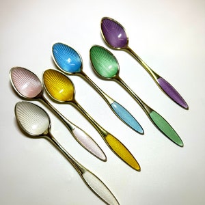 Paul Frigast set of 6 sterling and enamel demitasse spoons.