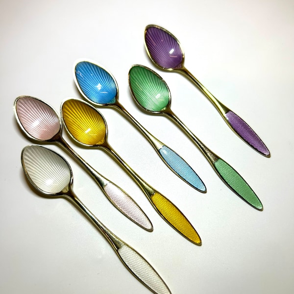 Paul Frigast set of 6 sterling and enamel demitasse spoons.