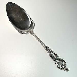 May include: A silver cake server with an ornate, scrolled handle. The server has a smooth, oval-shaped blade.