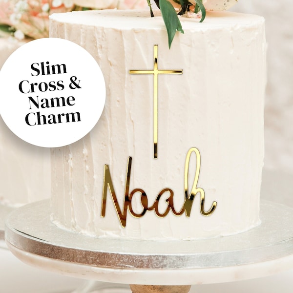 Cross Cake Charm & Name | Mirror Acrylic Cross Topper Christening Cake Topper Baptism Cake Charms Silver Gold First Holy Communion Charm