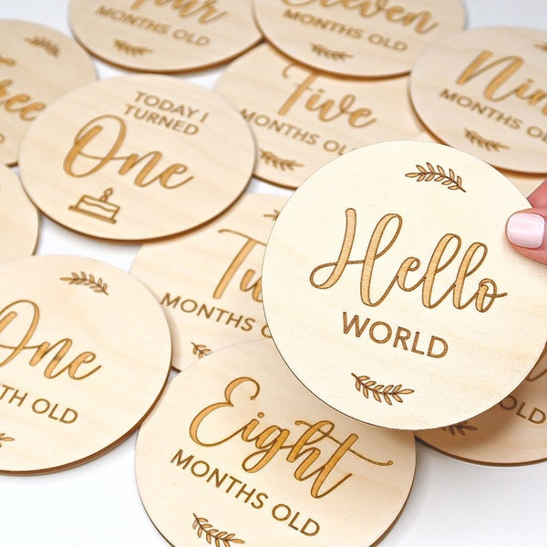 Baby Milestone Wooden Discs, Newborn Photo Props, Monthly Age Milestones 12 Month Set + Hello World, New Parent Gift Ideas