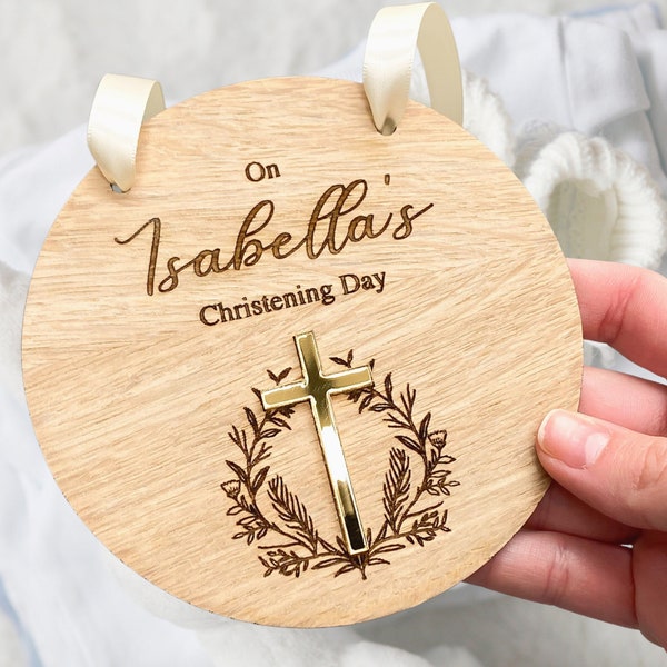 Personalised Christening Gift - Keepsake "On Your Christening Day" Sign - Wooden Disc With Mirror Gold Cross + Satin Ribbon