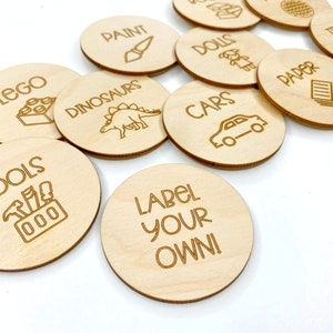 Round Wooden Toy Box Storage Tags - Trofast Labels - Playroom Decor - Interior Signage - Custom Message And Icons Available!