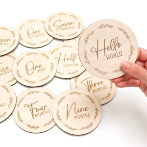 Baby Milestone Wooden Discs, Newborn Photo Props, Monthly Age Milestones 12 Month Set Hello World/Salaam World, New Parent Gift Ideas image 2