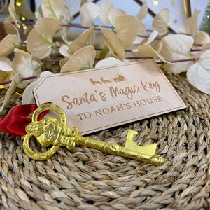 Llave mágica de Papá Noel personalizada / Recuerdo de decoración navideña / Llave dorada decorativa de Papá Noel con etiqueta / Caja divertida de Nochebuena para niños