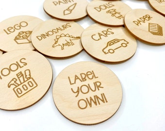 Round Wooden Toy Box Storage Tags - Trofast Labels - Playroom Decor - Interior Signage - Custom Message And Icons Available!